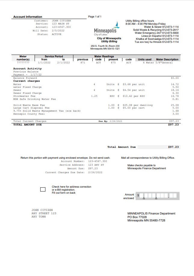 USA Minnesota Minneapolis City of Lakes utility bill template in Word and PDF format